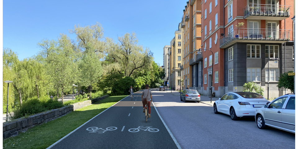 Vy längs med väg med bilväg och cykelbana, till höger i bild flerbostadshus. Människor på cyklar i rörelse, fotomontage.
